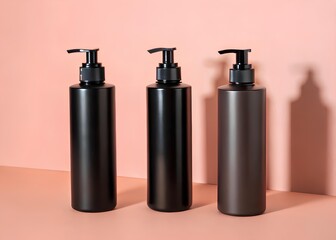 Three black pump bottles on a pink background