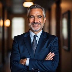 Happy confident mature latin business man standing in office hall portrait smiling mid aged older corporate manager successful professional executive investor looking at camera with arms crossed P