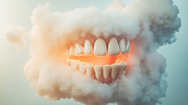 Smiling teeth emerge from misty cloud, creating surreal and whim