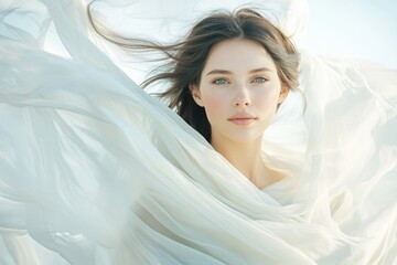 Soft, flowing fabrics embrace serene beauty, highlighting ethere