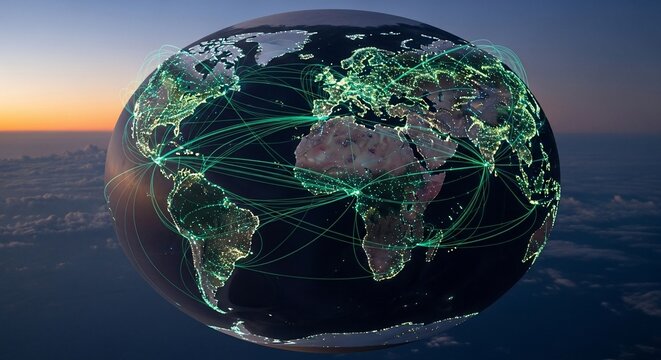 Luminous Green Network Arcs Connecting a World of Cities at Twilight. - Powered by Adobe