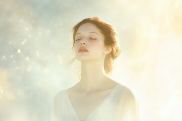 Ethereal woman with serene expression, surrounded by soft golden
