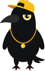 Cool black bird wearing a yellow baseball cap and gold chain