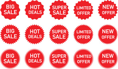 Special offer icon collection, sale stickers, red price label, discount sticker pack. Flat vector sale tags, Sale tag icon set, price sticker, sunburst starburst badges, retail promo symbols.