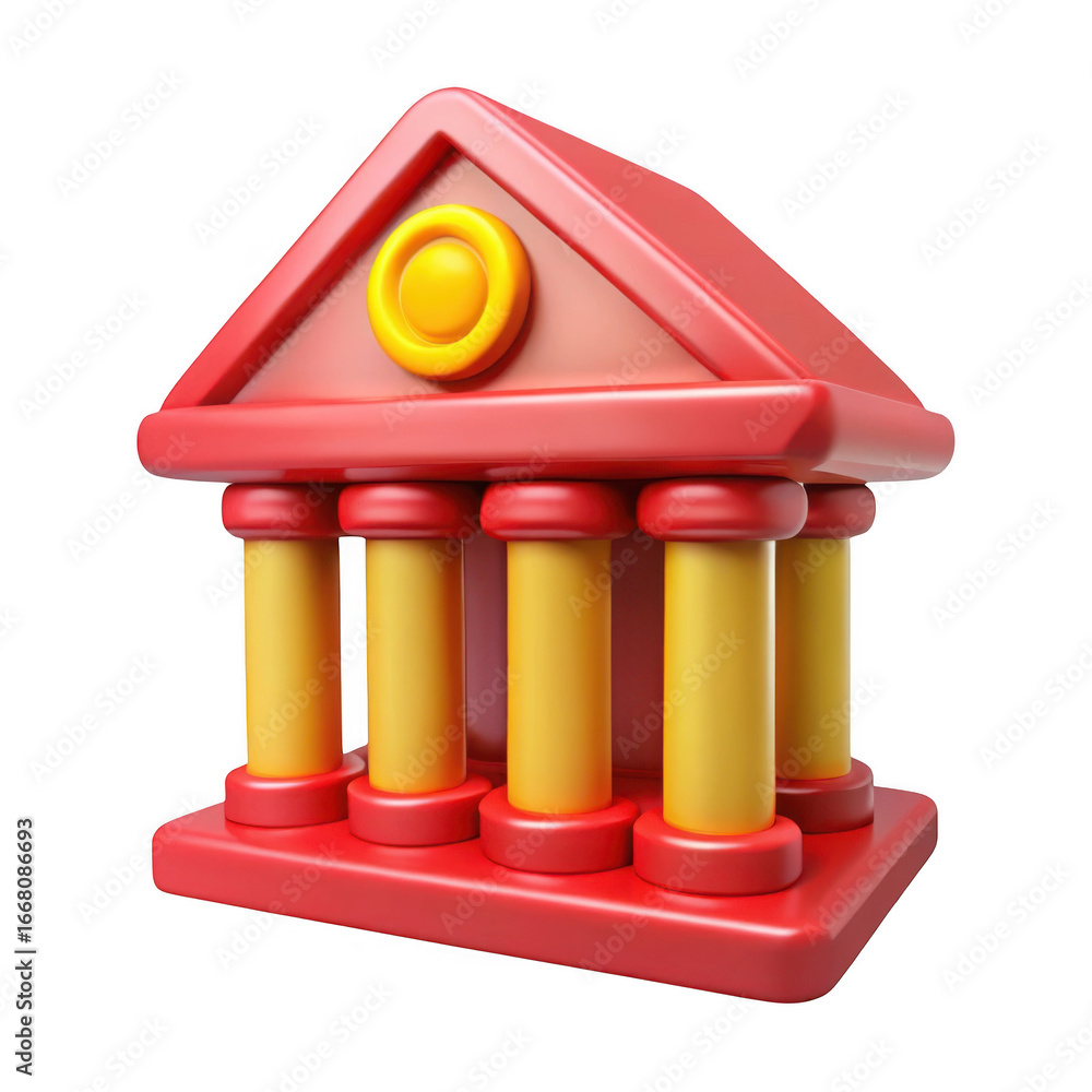 Poster 3d cartoon bank building with columns isolated on transparent background