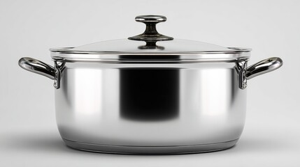 Shiny stainless steel stockpot with lid, handles, on white background studio shot