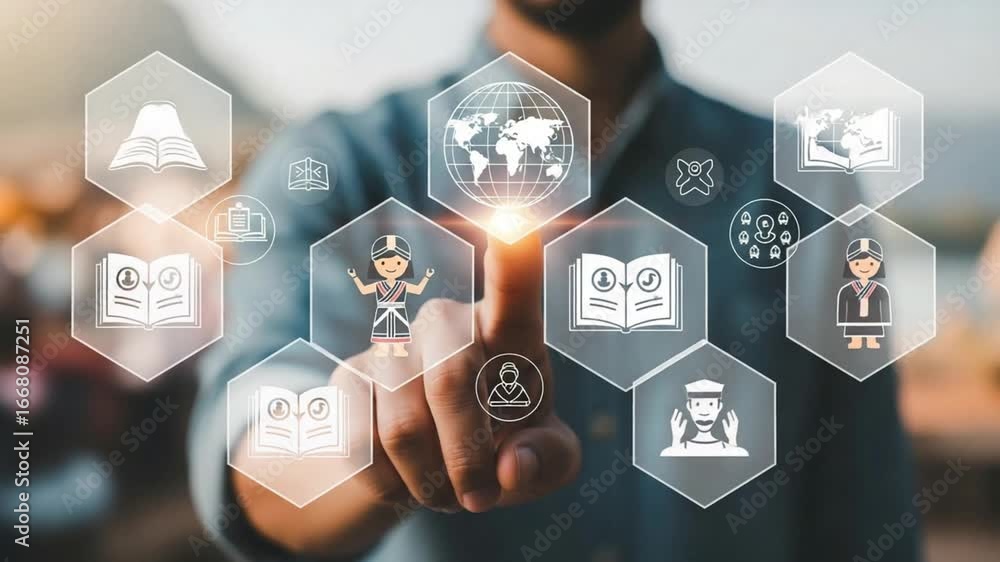Poster man touching digital icons displaying education and global networking on a transparent screen