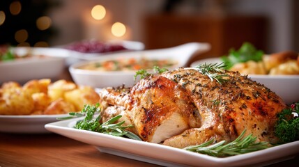 Roasted chicken garnished with herbs, surrounded by various side dishes on a festive table, creating a warm and inviting atmosphere for a family gathering
