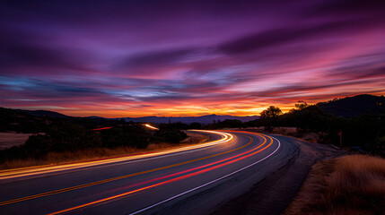 Naklejka premium Scenic twilight road with illuminated car trails and vibrant purple orange horizon perfect travel backdrop