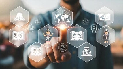 Man touching digital icons displaying education and global networking on a transparent screen - Powered by Adobe