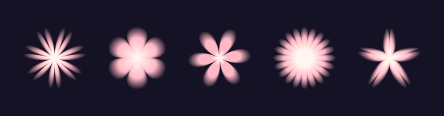 Aura flower shapes. Pastel pink y2k gradient icon set with blurry effect on dark background.