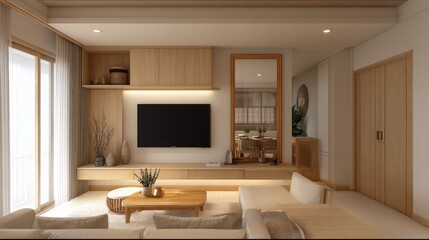 Fototapeta premium Cozy, well-lit modern living space with neutral tones, wood accents, and large mirror