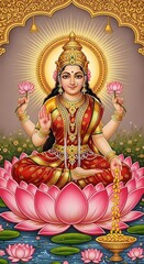Hindu deity lakshmi on lotus flower