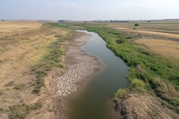 Drought Disaster: Parched Farmland and Empty Water Reservoirs from Above.