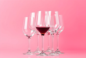 Elegant Wine Glasses with Red Wine on a Pink Background