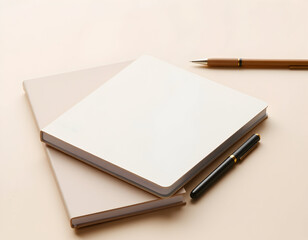 Notebooks and pens on a beige surface, ready for writing and note-taking.