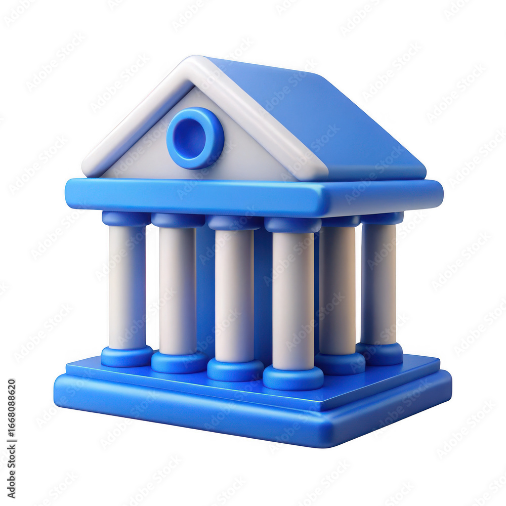 Poster 3d classic bank building with columns isolated on transparent background