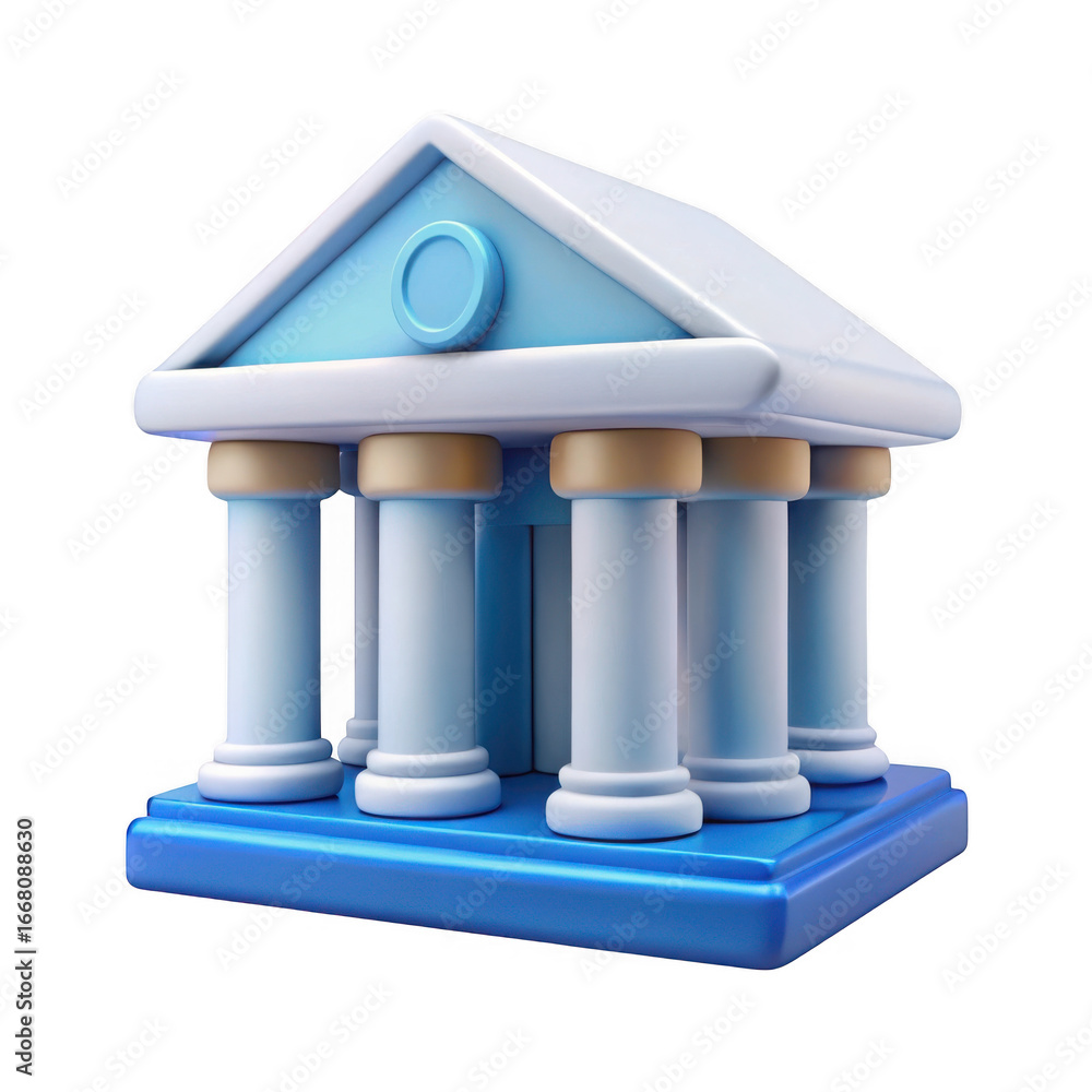 Poster 3d classic bank building with columns isolated on transparent background