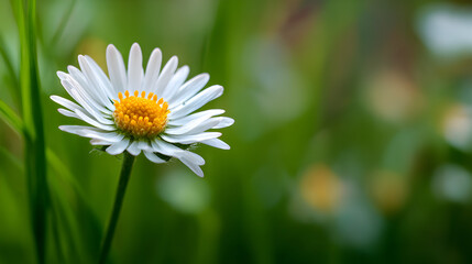 Single white daisy flower focus against soft green meadow background ideal for text or inspirational quotes