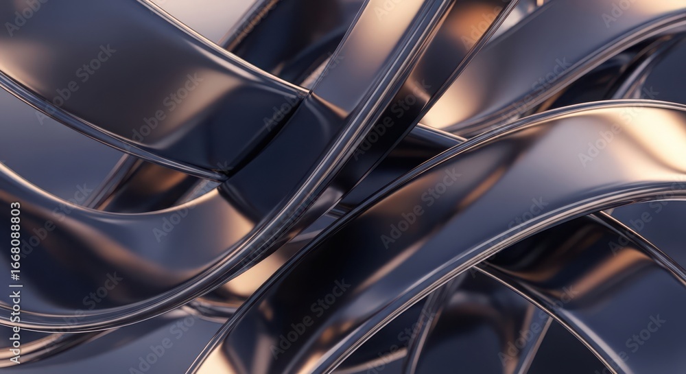 Aufkleber 3d illustration of closeup of intertwined metallic ribbons with a brushed texture, reflecting light 