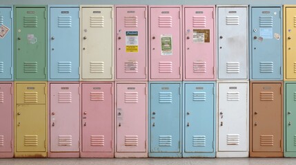 Quietly awaiting students, these weathered, colorful lockers stand as a symbol of transition and anticipation, ideal for concepts of education, adolescence, or institutional settings.
