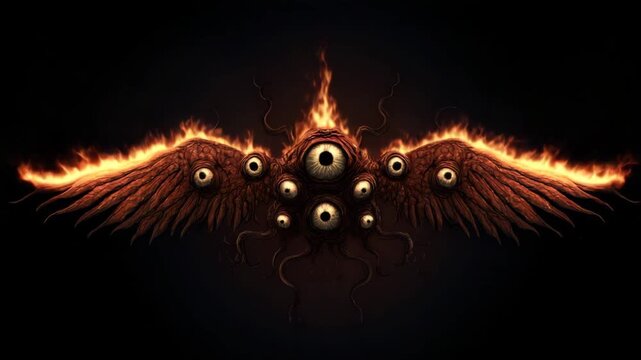 Apocalyptic cosmic seraphim with multiple burning wings, surreal demonic eyes, angelic horror, dark fantasy creature, fiery celestial symbolism, and occult mysticism