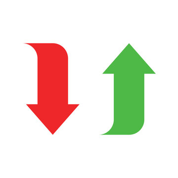 Vector illustration of green up arrow and red down arrow, symbolizing increase, decrease, positive, negative, progress, decline, and market trends