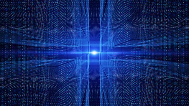 Futuristic digital data tunnel with blue light flow, Abstract technology background with glowing dots grid.
