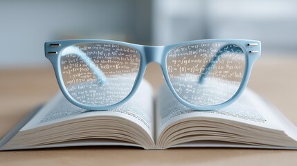 Looking through a world of equations, these stylish blue glasses frame a complex landscape of mathematical formulas, evoking intelligence, study, and the beauty of problem-solving.