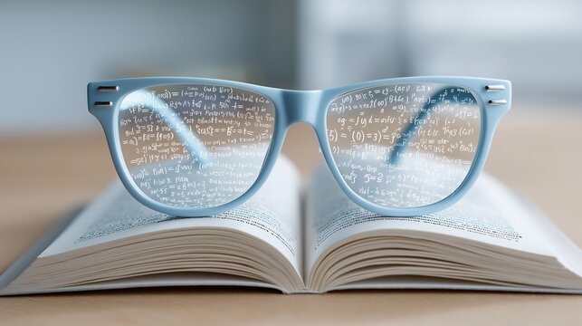 Looking through a world of equations, these stylish blue glasses frame a complex landscape of mathematical formulas, evoking intelligence, study, and the beauty of problem-solving. - Powered by Adobe