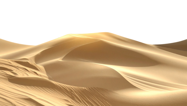 Yellow sand dunes stretch across a vast desert landscape creating a rippling wave pattern On White Background
