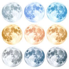 Nine Colorful Moon Phases, Decorative Design, Digital Illustration.