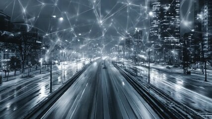 Night city highway scene with overlaid network data, showcasing light trails from fast-moving vehicles on a snow-dusted road under streetlights, and tall buildings in the background - Powered by Adobe