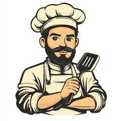 Confident Chef with Spatula: Vintage-Style Culinary Illustration