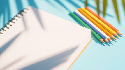 Fototapeta premium Blank sketchbook and colored pencils arranged on a bright blue table under dappled sunlight