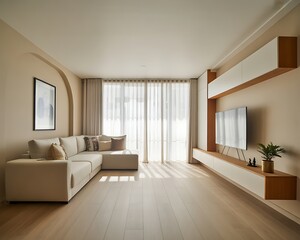 Obraz premium A modern living room with a comfortable sofa, tv, and stylish interior design