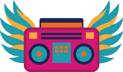 Retro boombox with stylized wings on orange background