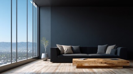 Modern, minimalist living room with city views