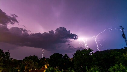 Night Lightning Storm over Trees and Houses