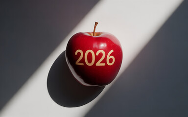 Shiny red apple with the year 2026 on it bathed in sunlight symbolizing a fresh start and a healthy future perfect for new year resolutions and planning for the years ahead