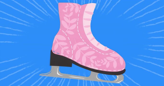 On start, pink ice skate boot tilting clockwise anticlockwise showcasing floral motif on white rays