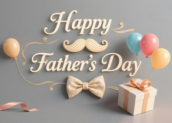 Elegant Happy Father’s Day poster with festive balloons, golden ribbon gift box, mustache decoration and bow tie on soft gray background