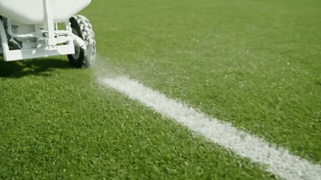 A satisfying close--up of a groundskeeper's machine drawing a fresh white line on a green sports field, a concept for preparation and a new season.