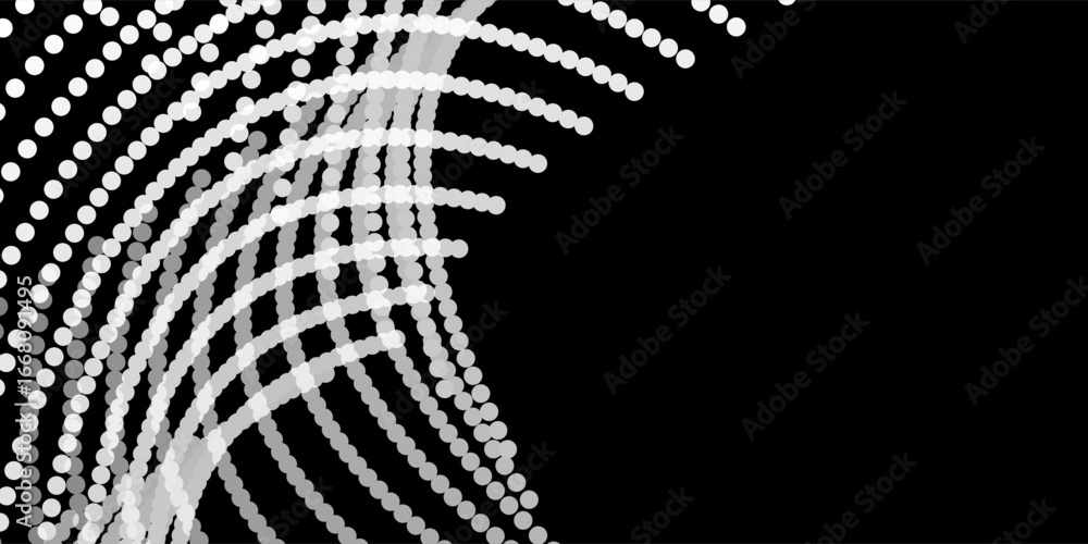 Poster layers of abstract curved dotted lines in white over black background, creating a dynamic wave-like 