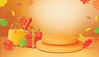 Autumn round podium with falling leaves and gift boxes. Empty stage in orange colors with autumnal foliage and percentage sign. Discount poster