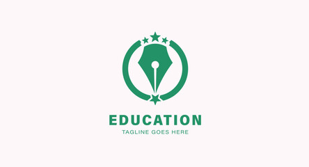 Green Quill Pen Education Logo with Stars and Circle.