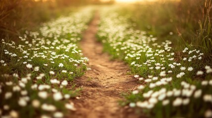 A picturesque dirt path lined with delicate white flowers under golden sunlight is serene