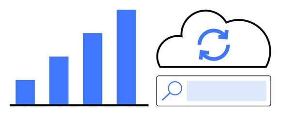 Bar chart indicating growth trend, cloud with refresh logo, and search bar conveying themes of data analysis, synchronization, growth, development, optimization, business strategy, simple landing