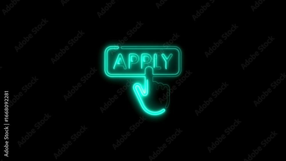 Aufkleber neon illuminated hand pointing to the apply button symbolizing online application and action