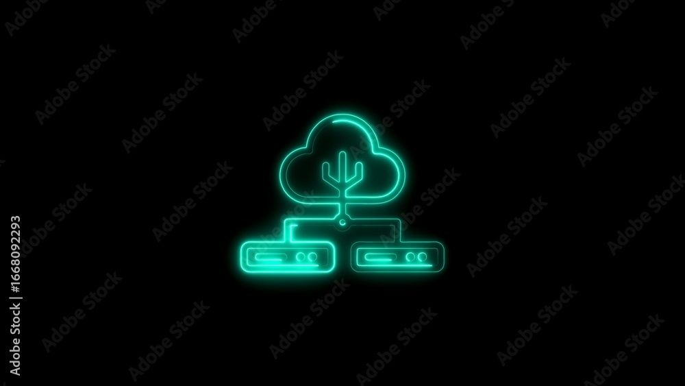 Poster neon cloud server icon representing data storage and cloud computing on a black background